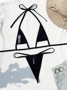 Swim SXY Solid Color Textured Two-Piece Bikini Set, Summer Beach - Black - View 2