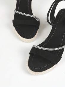 Women's Wedge Platform Sandals With Ankle Strap & Dazzling Rhinestone Accent Espadrilles, Vacation Black Velvety Fabric Knotted Strap And Jute Bottom Women's Wedge Platform Sandals Valentines