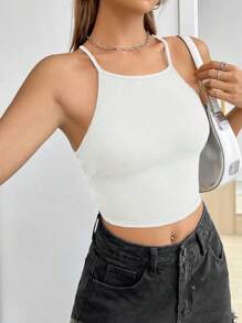 SHEIN Unity Của phụ nữ Màu thuần Không lưng Áo hai dây Với Buộc lại - trắng - Xem 6