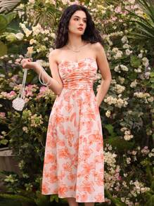 GENKIRA Colorblock Floral Printed Bustier Pleated Waist Dress For Women - Multicolor - View 6