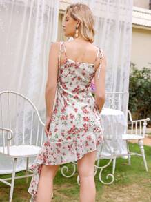 GENKIRA Random Ditsy Floral Ruffle Bow Tie Asymmetrical Neck Ruffled Waist Asymmetrical Hem Camisole Dress For Women - Multicolor - View 2