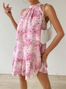 SHEIN Privé Women's Three-Tier Ruffle Trim Floral Print A-Line Halter Dress - Multicolor - View 5
