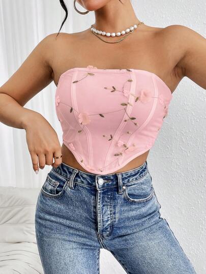SHEIN Privé Romantic & Elegant Women's Crop Top With Mesh Fabric, Flower Embroidery & Strapless Design