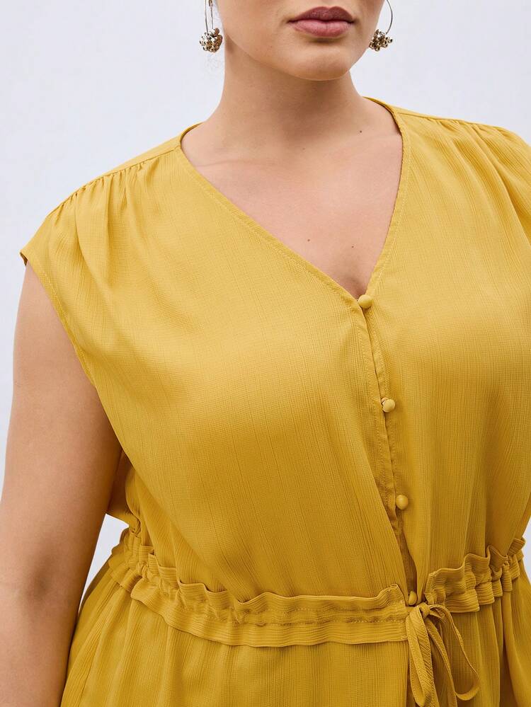 Plus Size Yellow Loose Front Tie V-Neck Sleeveless Shirt Casual Summer Blouse