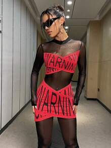 SHEIN Unity Black Printed Red Fishnet Dress - Red and Black - View 1