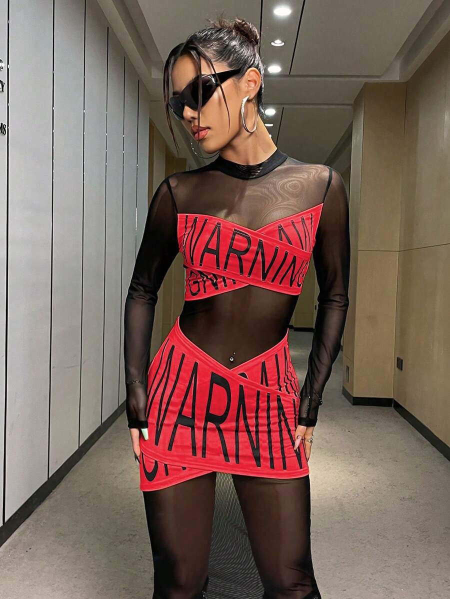 SHEIN Unity Black Printed Red Fishnet Dress - Red and Black - View 1