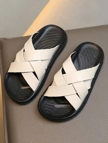 1雙男孩pu編織交叉設計平底拖鞋,夏季時尚穿搭 - 米色 - 查看 4