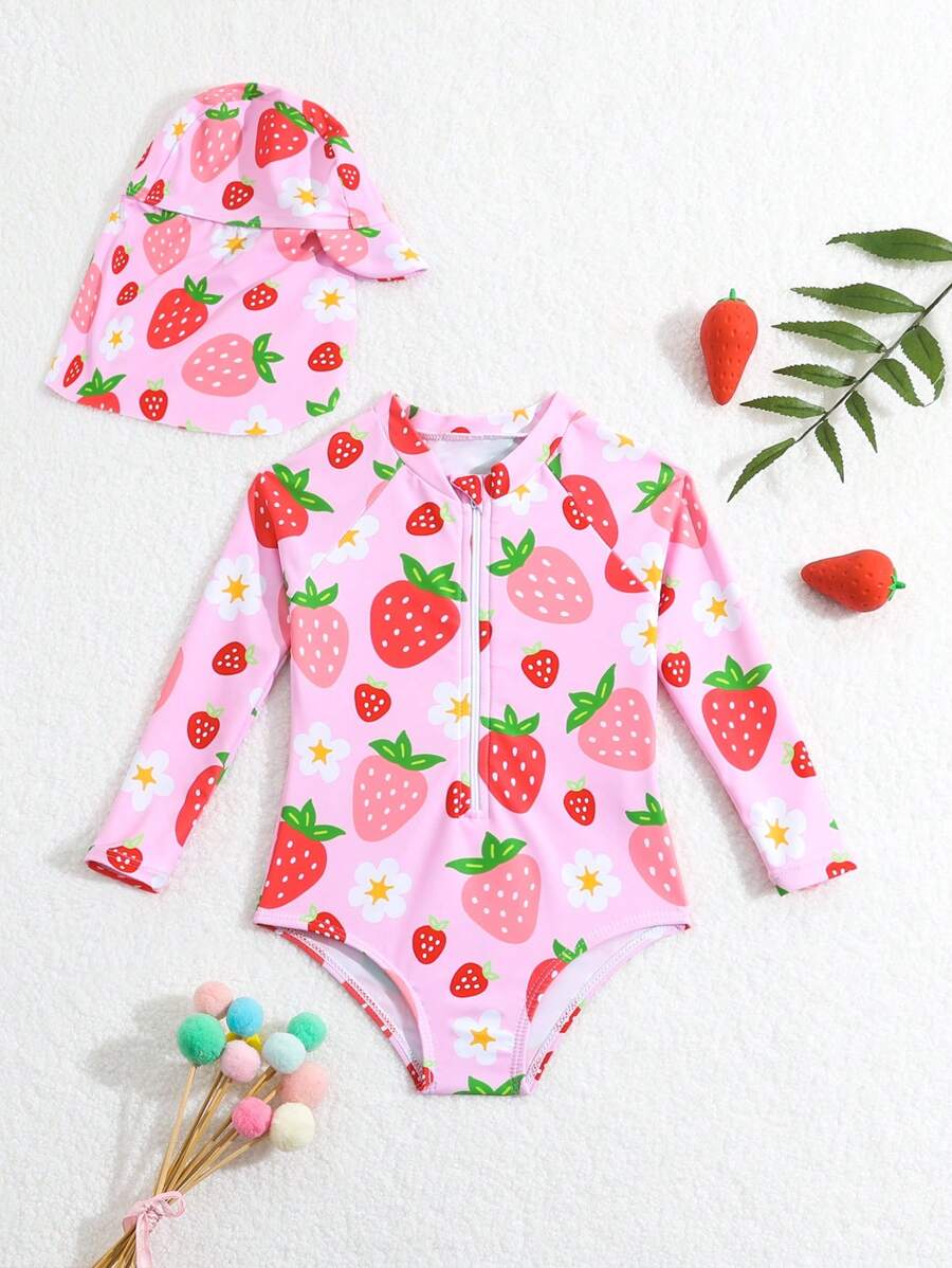 SHEIN Baby Girl One Piece Swimsuit With Flower & Strawberry Print, Including Hat - Multicolor - View 1