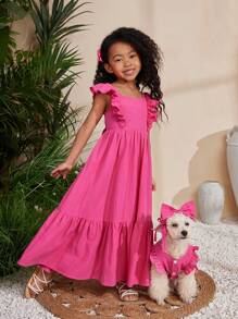 SHEIN Young Girl Choco Color Sleeveless Dress With Woven Fabric And Square Neckline For Music Festival Holiday Outfits - Hot Pink - View 6