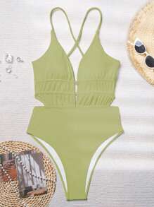 SHEIN Swim Đồ bơi một mảnh cổ chữ V sâu có dây đeo dành cho nữ đi biển mùa hè - màu xanh lá - Xem 6