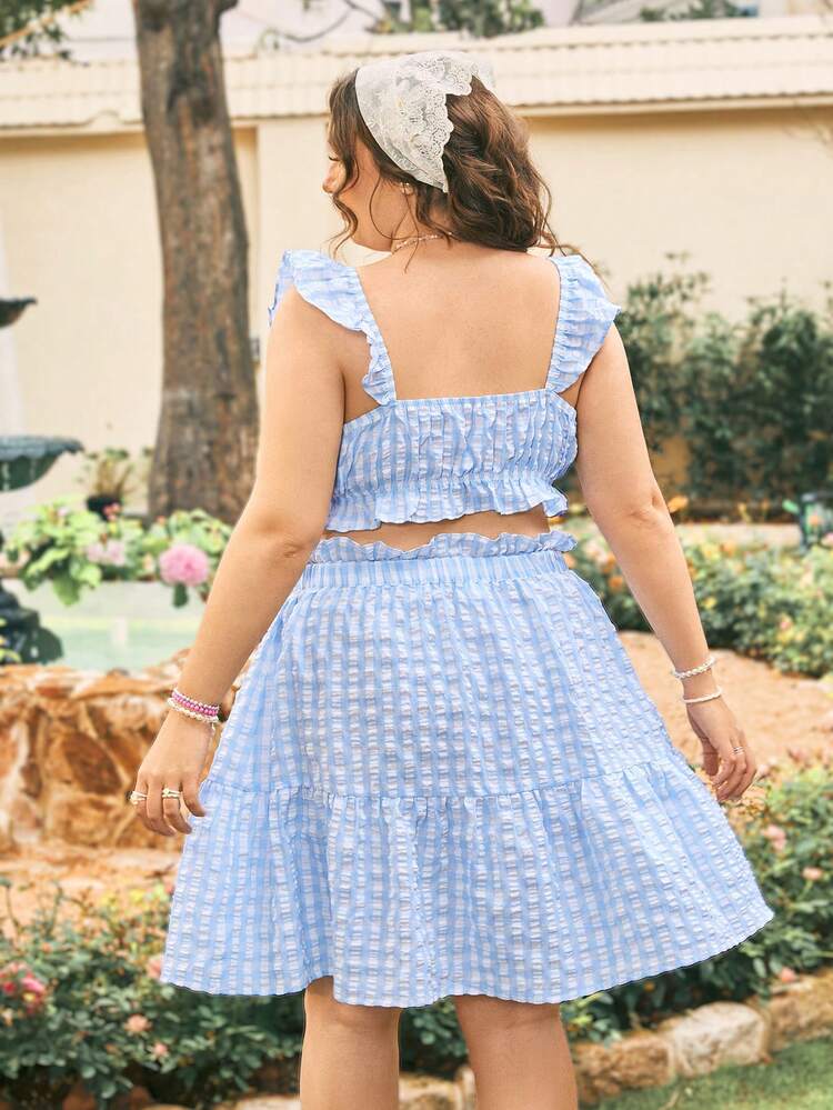 Plus Size Women's Casual Plaid Cropped Cami Top With Skirt Set For Vacation
