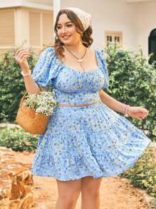 Dreamara Women's Plus Size Vacation Style Short Sleeve Back Tie Cropped Top And Skirt Set With Ditsy Floral Print