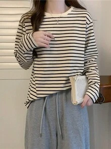 Women's Casual Striped Round Neck Drop Shoulder Long Sleeve T-Shirt, Spring/Autumn