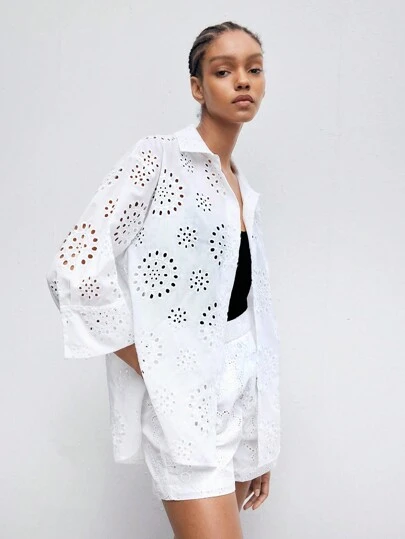 Maija White Women Blouses Hollow Out Embroidery EyeletButton Front Casual Shirt