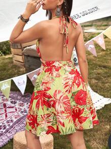 Breezaya Women's Tropical Plant Print Halter Neck Vacation Style Dress - Multicolor - View 2