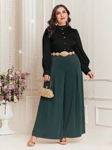 Modelyn Plus Size Solid Color Stand Collar Lantern Sleeve Shirt - Black - View 5