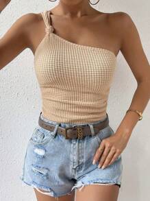 Chiquease Solid One Shoulder Waffle Knit Knot Detail Ruched Side Top - Apricot - View 3