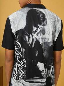 HARRY POTTER X SHEIN Men 1pc Casual Integrated Weave Character Print Short Sleeve Lapel Collar Shirt