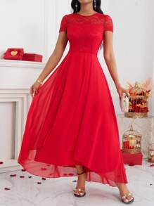 Lyxana 蕾丝拼接不对称下摆连衣裙新年衣服长款女装 - 紅色 - 查看 6