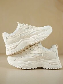 女款時尚圓頭綁帶米白色校園風運動鞋,透氣舒適 - 米色 - 查看 2