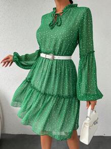 EURMUSE Women's Polka Dot Lantern Sleeve Dress With Tie Neckline And Ruffle Hem - Green - View 3