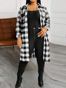 Calvaya 大尺碼格紋前開鈕中長洋裝 - 白色 - 查看 4