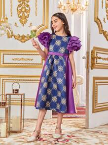 SHEIN Tween Girls' Cute Cap Sleeves Dress With Fabric Patchwork