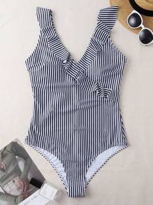 SHEIN Swim Einteiliger Badeanzug Mit Gestreiftem Rüschen - Schwarz und Weiss - Übersicht 4