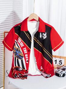 SHEIN Tween Boy Loose Fit Race Car Pattern Polo Áo sơ mi có tay áo ngắn - Đỏ - Xem 1