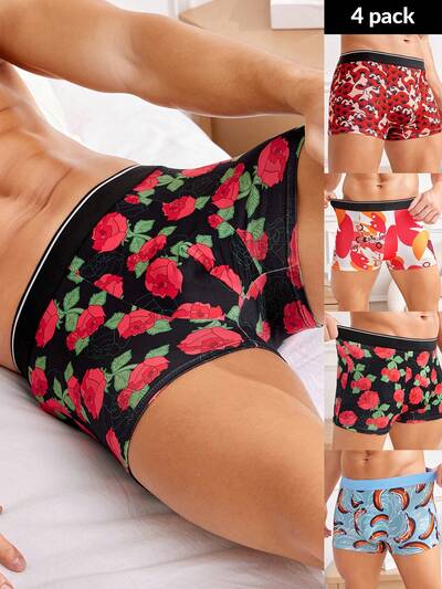 Men's Rose Printed Wide-Leg Boxer Shorts (4pcs/Set)