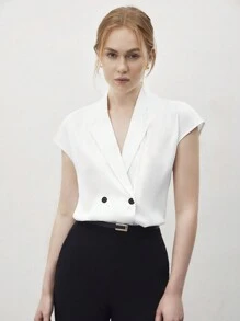 BizChic Women's Solid Color Double Button Shirt, Urban Commute Office Business Casual Elegant Formal Blouse Top