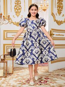 SHEIN Leap Crew Vestido cuadrado de cuello con mangas abombadas hermosa para niñas preadolescentes - Azul - Ver 6