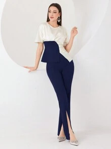 Modelyn Women's Colorblock Pleated Waist Crop Top And Solid Split Flare Pants Set 2 Pieces Set - Navy Blue - View 3