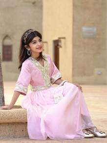 SHEIN Tween Girls 金色编织丝带和网眼撞色华丽连衣裙 - 粉色 - 查看 1