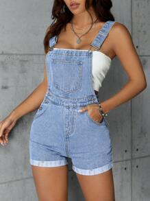 SHEIN PETITE 女款收口牛仔吊帶短褲，適合嬌小女性 - 淺色水洗藍 - 查看 4