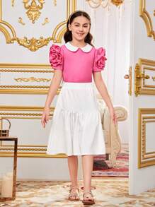 SHEIN Cămașă 3d cu flori 3d pentru fete Tween, lejeră, cu petice, cu design contrastant