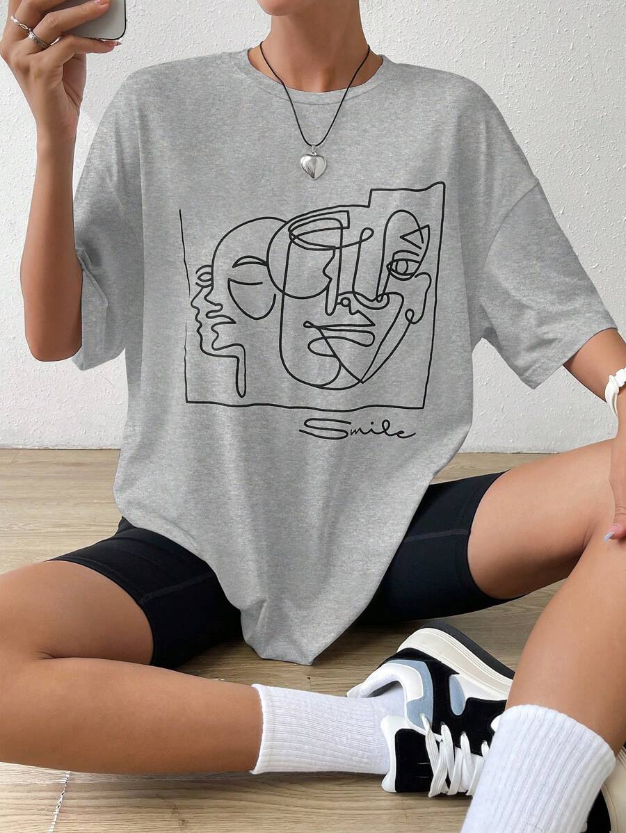 SHEIN EZwear 夏季白色y2k抽象人物圖形下垂肩t恤圖形衫 - 灰色 - 查看 1