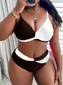 SHEIN Swim Curve Summer Beach Plus Size Women's Ruched Color Block Bikini Set