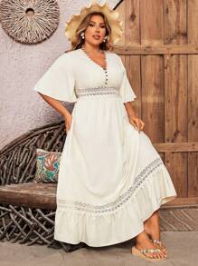 Breezaya Plus Size Lace Splicing V-Neck Dress With Lotus Leaf Hem Maxi Women Outfit