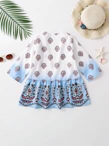 年輕女孩花卉印花和荷葉邊緣開衫式和服連衣裙