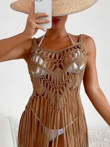 SHEIN Swim Bãi biển mùa hè Rỗng ra rìa Hem Cami Top - Màu Khaki - Xem 3