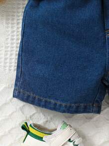 Conjunto De Verano De Bebé Recién Nacido De Niños Con Estilo, Camiseta Blanca Bordada Con Dinosaurio Y Ribetes De Colores Contrastantes Y Shorts De Mezclilla - Beis - Ver 4