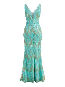 SHEIN Belle Váy dạ hội đuôi cá không tay họa tiết cỏ ba lá ngày thánh Patrick dành cho nữ, đính sequin lấp lánh và lưới tương phản - màu xanh lá - Xem 2
