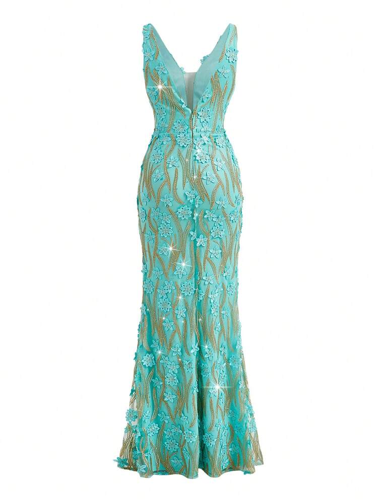 Women's Saint Patrick Day Clover Shamrock Flower Applique Sparkling Sequins And Mesh Contrast Sleeveless Mermaid Evening Dress