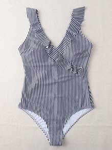 SHEIN Swim Einteiliger Badeanzug Mit Gestreiftem Rüschen - Schwarz und Weiss - Übersicht 7