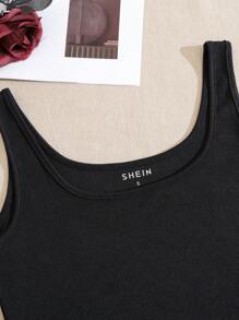 INAWLY Solid Scoop Neck Tank Top - Black - View 8