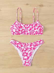 SHEIN Swim 全身印花比基尼套装，两件套泳衣泳装沙滩装夏季度假，夏日海滩 - 彩色 - 查看 4