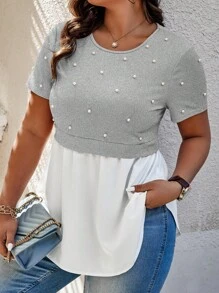 Elenzga Plus Size Color Block & Beaded Decorated 2 In 1 T-Shirt - Grey - View 5