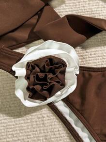 SHEIN Swim 女性配色3d花朵設計綁背比基尼套裝,兩件式游泳服泳衣沙灘裝,適用於夏季假期 - 咖啡棕 - 查看 5