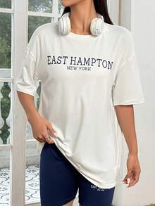 SHEIN Unity In thư Quá lớn Ngắn tay Áo thun Và Quần short - trắng - Xem 3